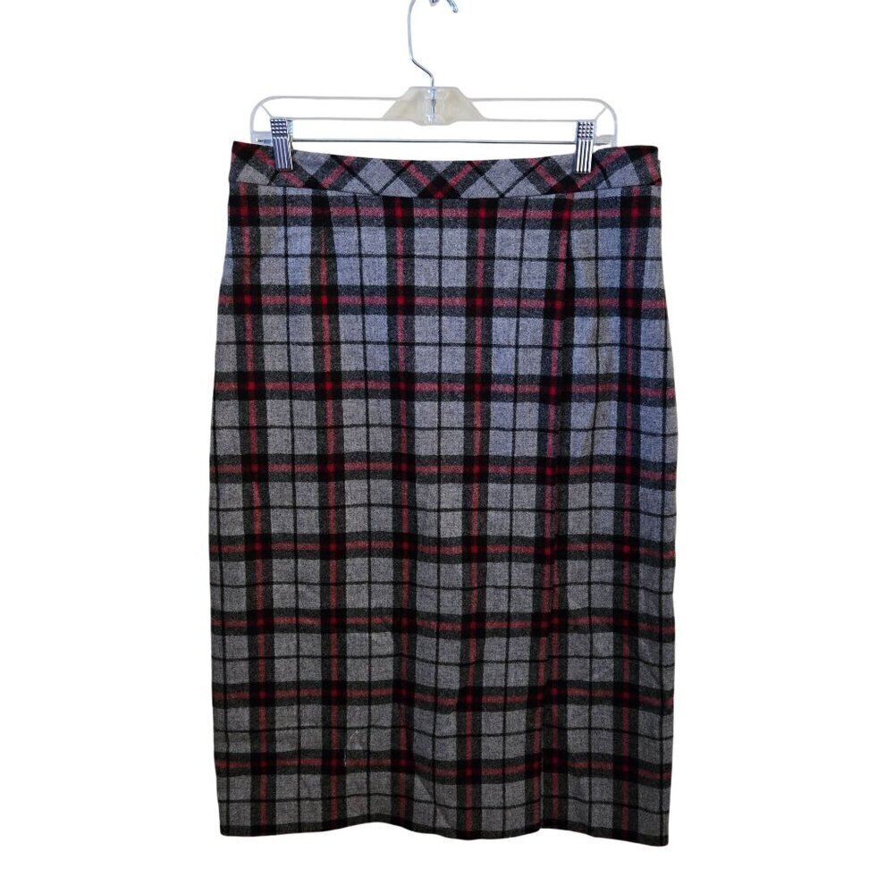 Pendleton Vintage Wool Made In USA Gray Red Plaid Faux Wrap Midi Skirt Size 10p - Picture 3 of 6